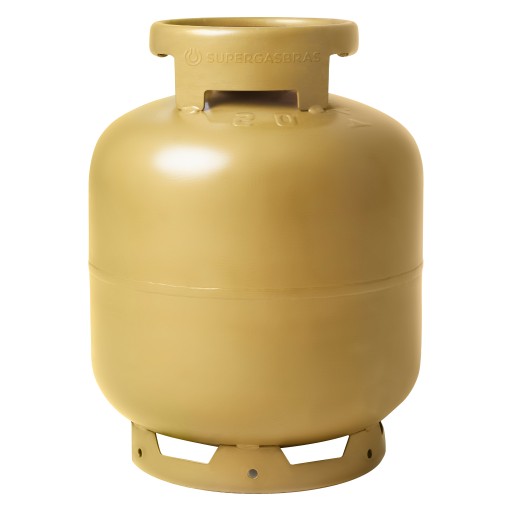 Botijão de gás dourado de 13 kg da Supergasbras